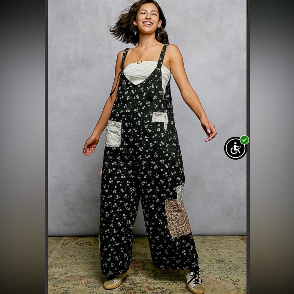 Pol Black Floral Denim Overalls